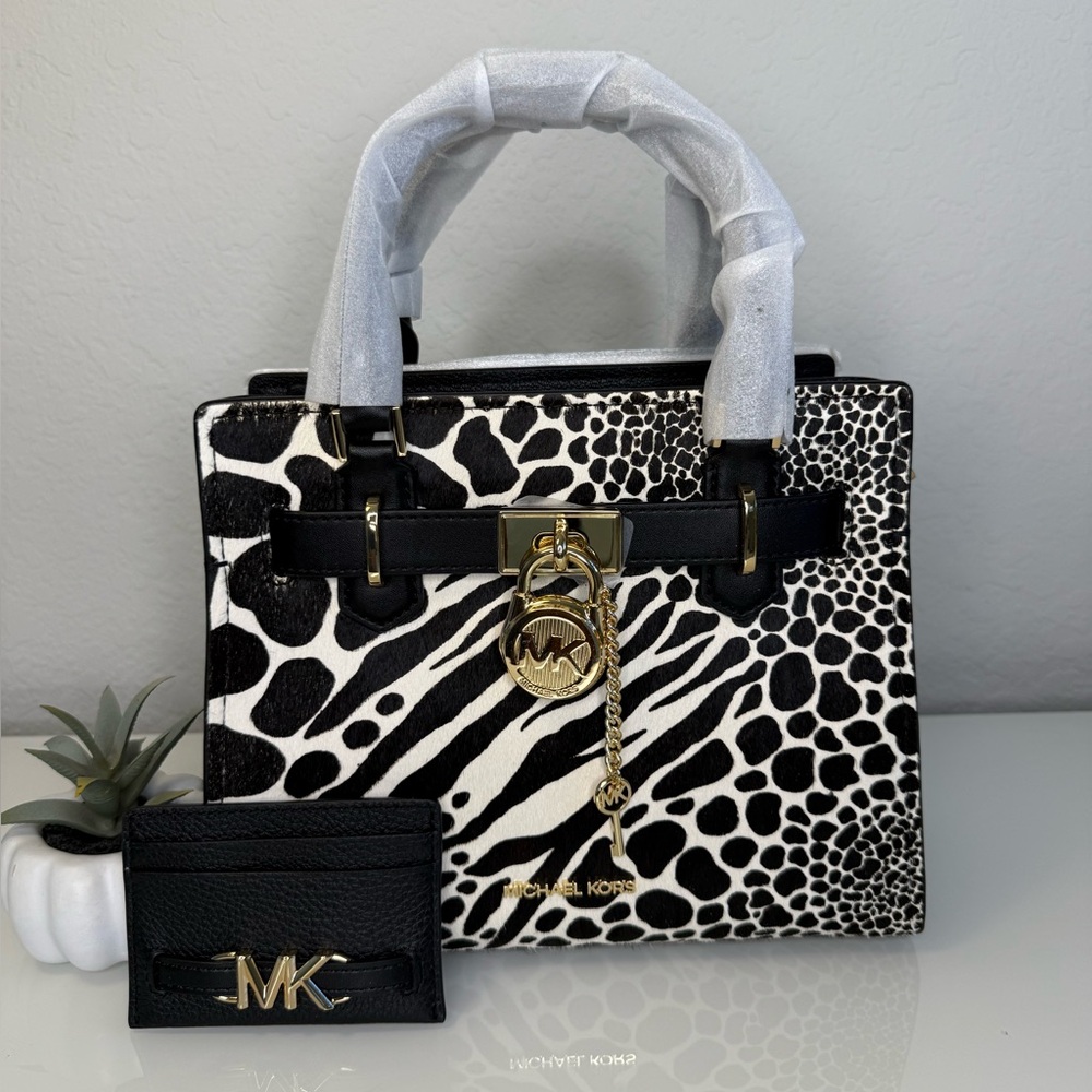 MICHAEL KORS Hamilton Small Satchel Black with MK Reed Card Case Set NWT